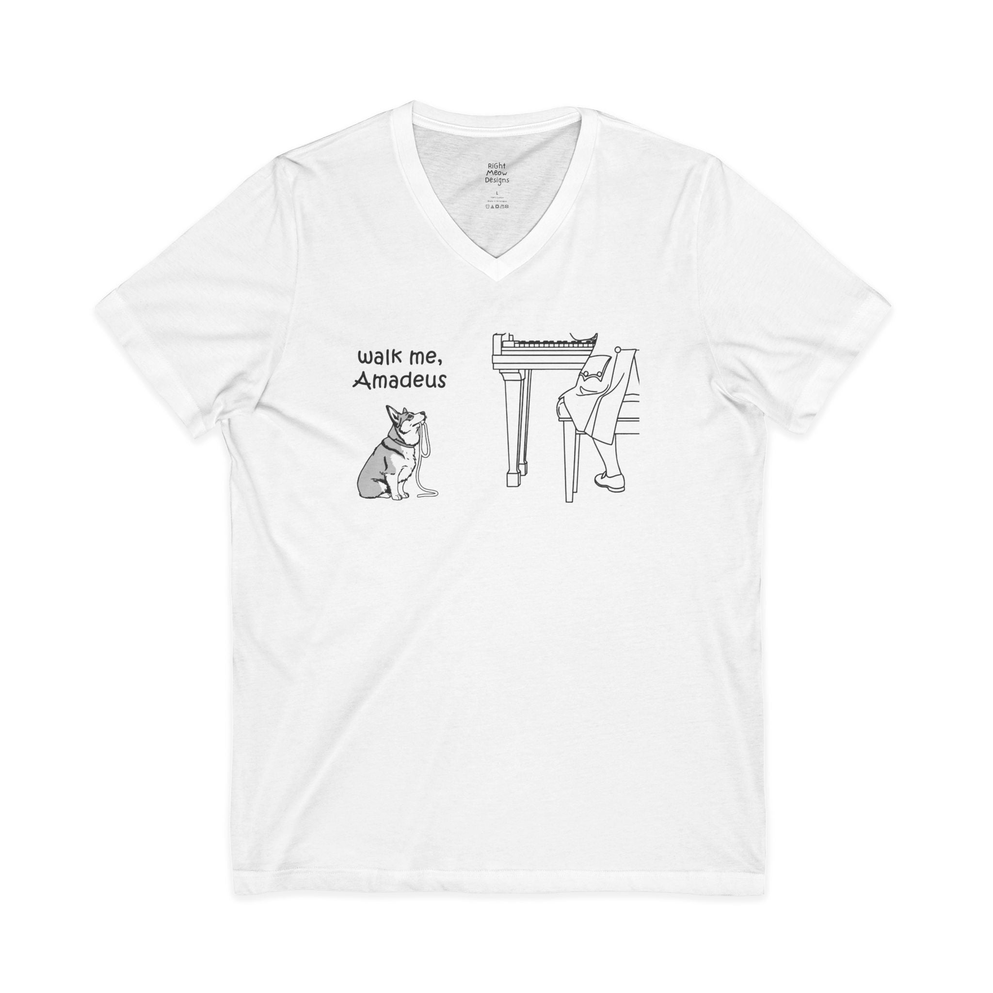Walk Me, Amadeus - Corgi Dog T-Shirt | Cotton V-Neck