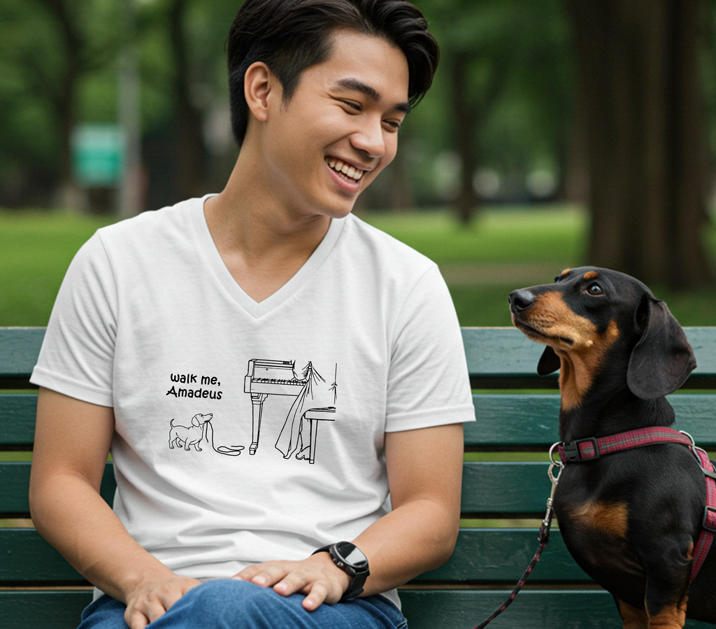 A man sitting on a green park bench wearing a white graphic t-shirt with a black line art drawing of a dog and piano with the caption, 'Walk me, Amadeus'. He's sitting next to a dachshund on a leash.