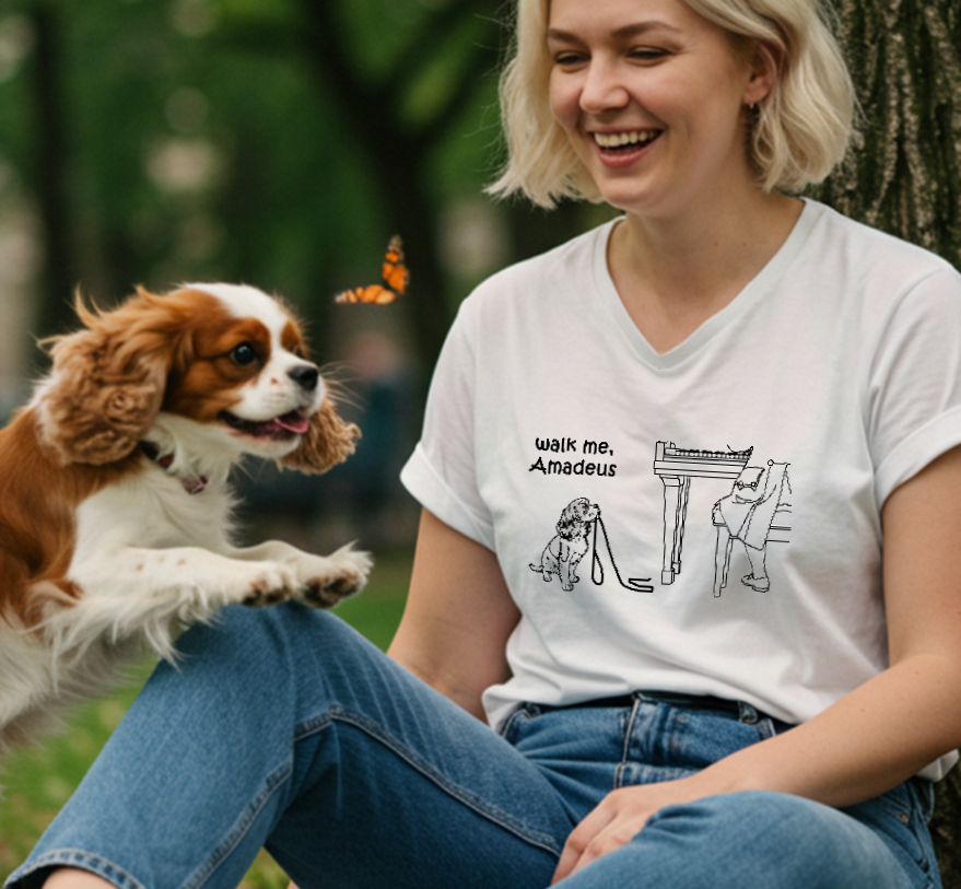 A woman sitting outdoors next to a tree wears a white graphic T-shirt with a black line drawing and the text 'walk me, Amadeus.' A brown-and-white Cavalier King Charles is on her lap looking at a butterfly.