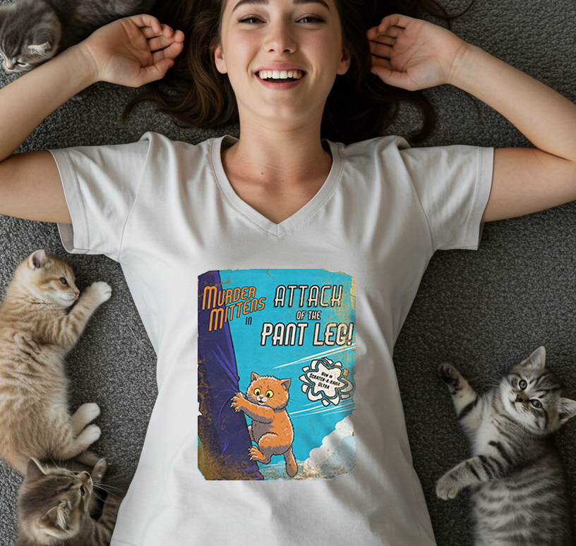 A woman lying on a gray carpet surrounded by four kittens, wearing a white V-neck t-shirt with a colorful retro graphic that reads 'Murder Mittens in Attack of the Pant Leg!'.