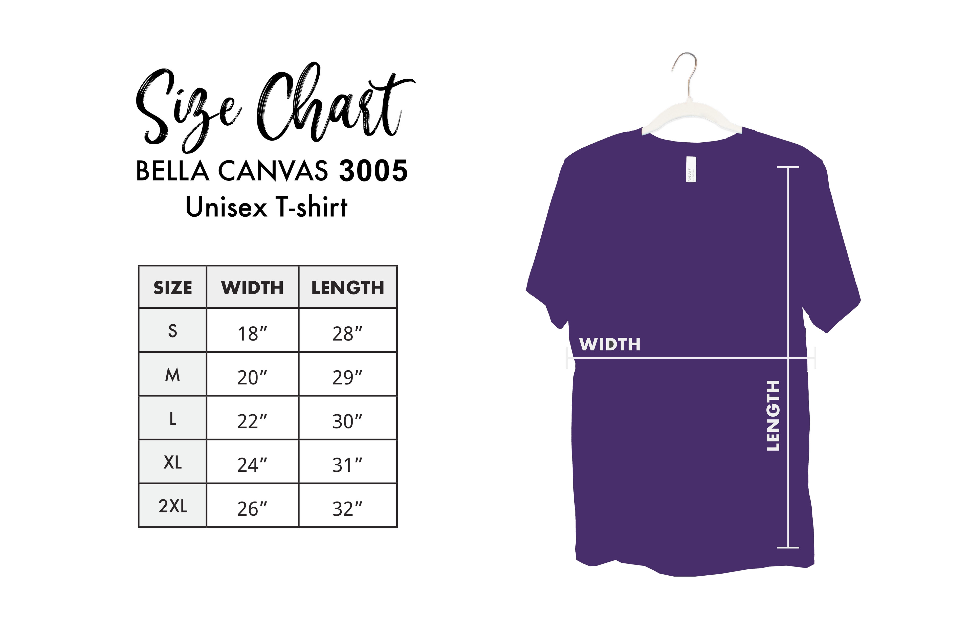 Size chart, in inches, width across the chest by length from the shoulder to the bottom hem: Small 18 by 28. Medium 20 by 29. Large 22 by 30. XL 24 by 31. 2XL 26 by 32.