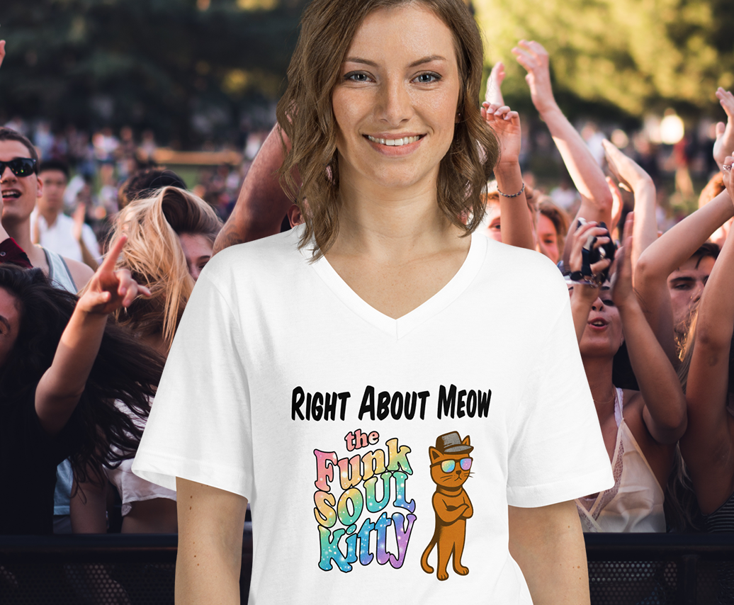 A woman wearing a white V-neck graphic t-shirt with the text 'RIGHT ABOUT MEOW the Funk Soul Kitty' and a cartoon cat character, set against a blurred crowd background.