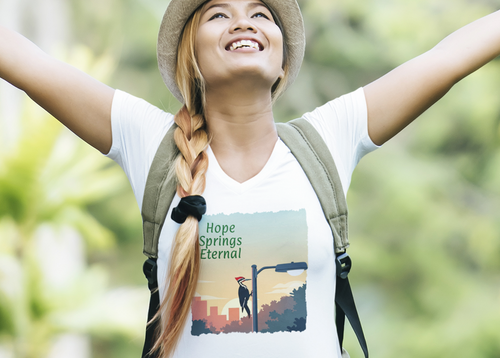 A woman with a long braid, wearing a beige hat, white graphic t-shirt, and green backpack, stands outdoors with her arms outstretched in a joyful pose against a blurred green background. The graphic on her shirt features a woodpecker pecking a light standard with the text 'Hope Springs Eternal'.