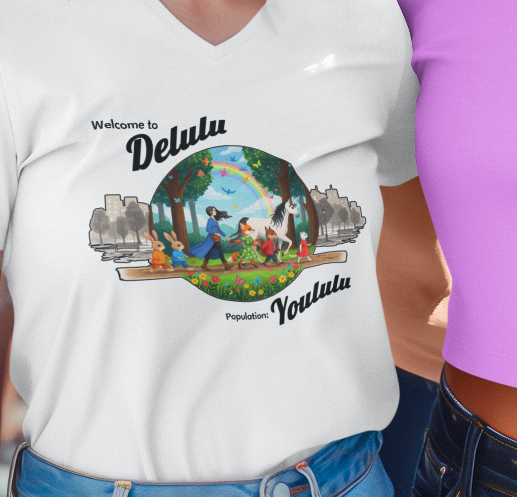 A white V-neck t-shirt featuring a colourful graphic print with the text 'Welcome to Delulu' and 'Population: Yoululu'. The design shows a circular illustration of people dancing in a park with trees, a rainbow, and a city skyline.