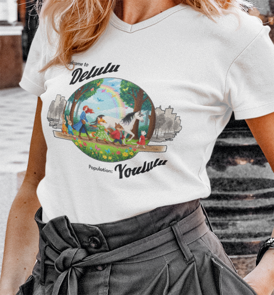 A woman wearing a white V-neck graphic T-shirt with a colourful circular illustration and the words 'Welcome to Delulu' and 'Population: Yoululu'.