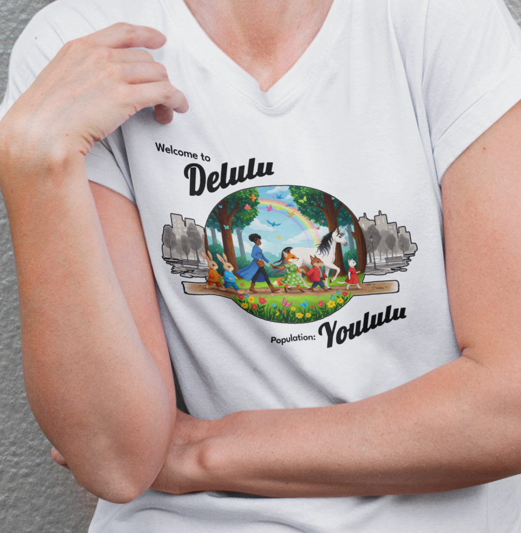 A person wearing a white V-neck t-shirt with a colorful graphic print on the front. The graphic features the text 'Welcome to Delulu' and 'Populationi: Yoululu' with an illustration of people, trees, and a rainbow in the center, set against a gray city skyline.