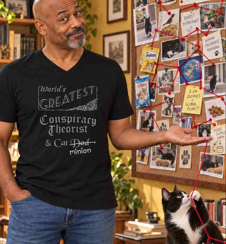 Man presenting a board of cat photographs connected by red yarn while a tuxedo cat plays with the yarn, wearing a black V-neck T-shirt reading “World’s Greatest Conspiracy Theorist & Cat Dad.” “Dad” is crossed out, with “minion” handwritten beneath it and surrounded by cat paw prints.