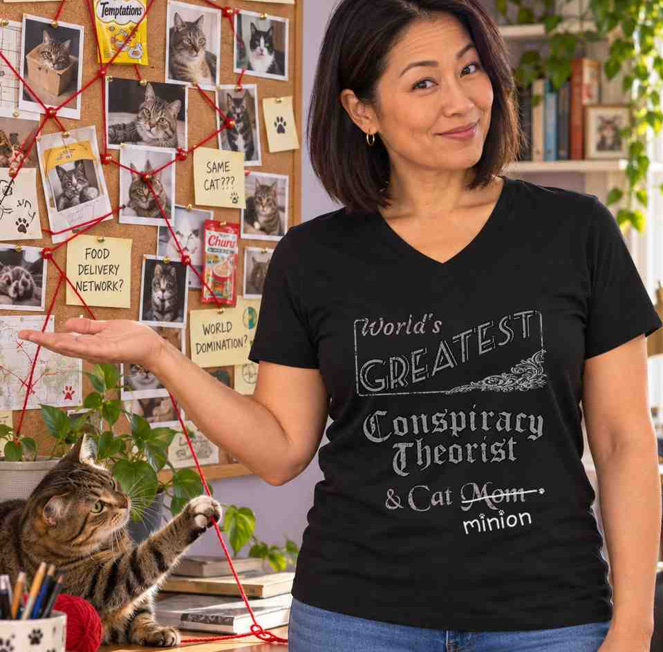 Woman presenting a board of cat photographs connected by red yarn while a cat plays with the yarn, wearing a black V-neck T-shirt reading “World’s Greatest Conspiracy Theorist & Cat Mom.” “Mom” is crossed out, with “minion” handwritten beneath it and surrounded by cat paw prints.