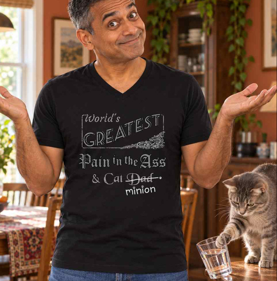Man shrugging at home beside a cat tipping a glass, wearing a black V-neck T-shirt reading “World’s Greatest Pain in the Ass & Cat Dad.” “Dad” is crossed out, with “minion” handwritten beneath it and surrounded by cat paw prints.