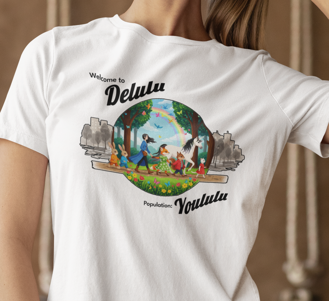 White t-shirt with slogan, 'Welcome to Delulu, Population: Yoululu'. Some animals hold hands with a girl while they're all being led by a unicorn through a fantasy land, while outside of their field lies a grey and decayed city skyline.