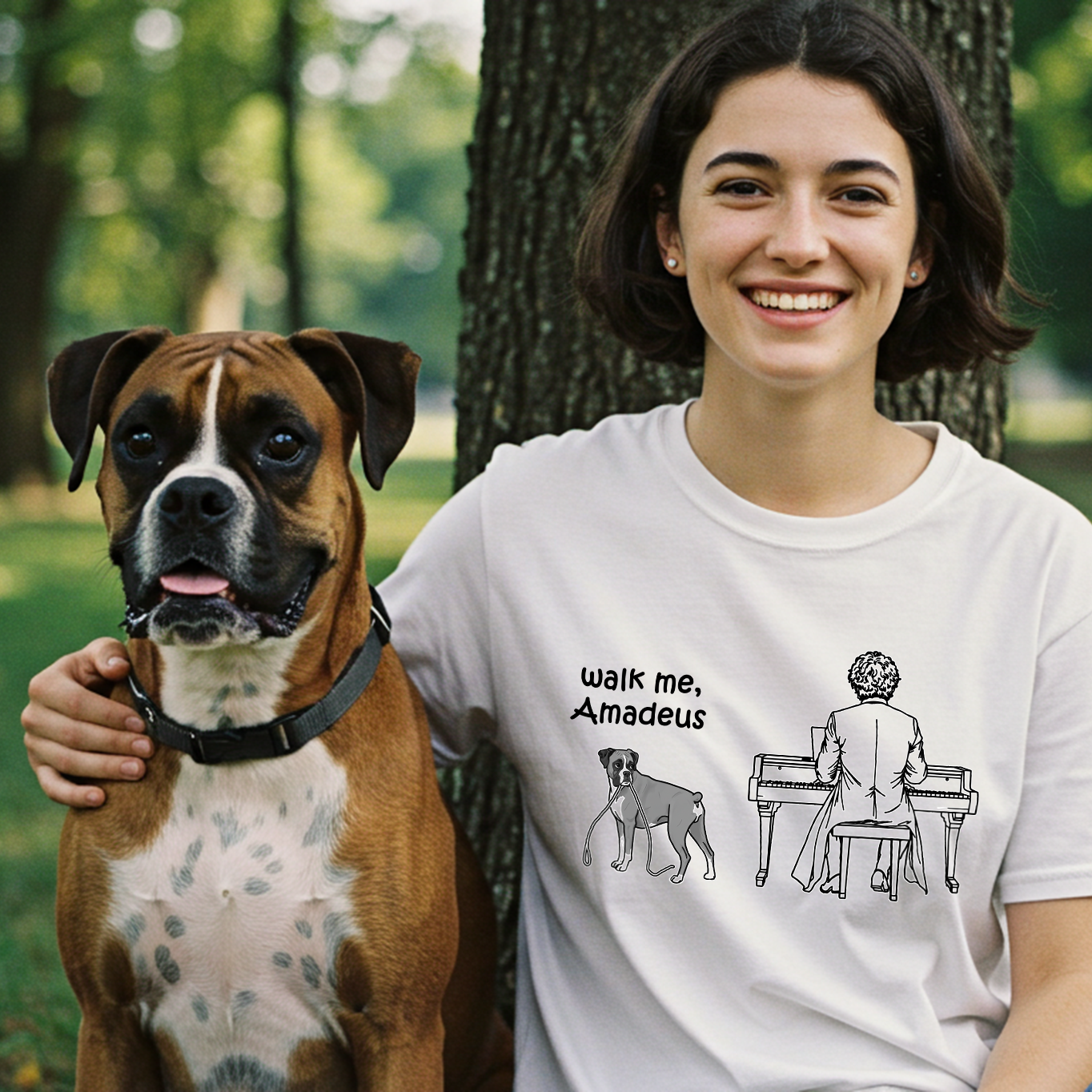 A woman sitting outdoors in a park next to a brown and white boxer dog, wearing a white graphic t-shirt with a black line art design of a dog playing a piano and the text 'WALK ME, AMADEUS'.