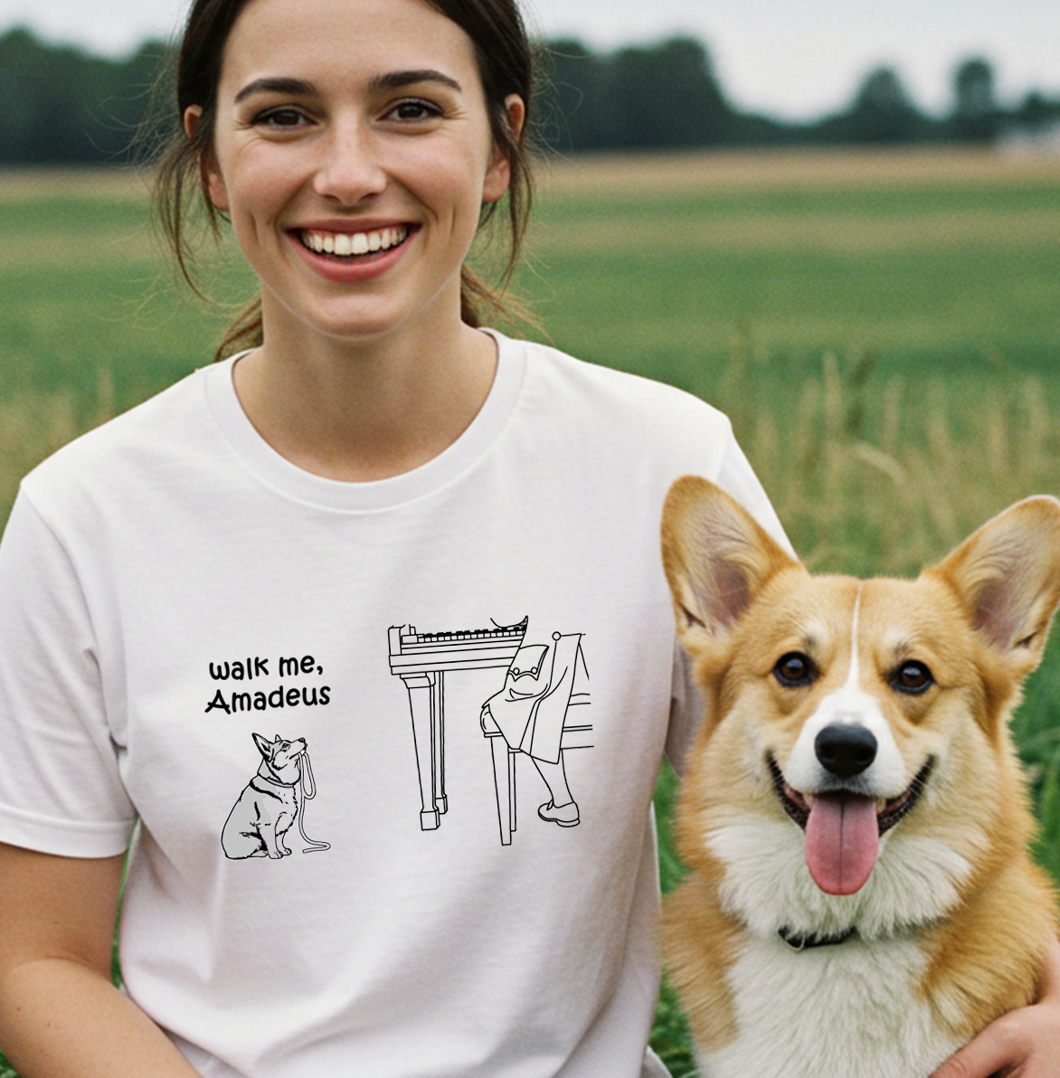 A smiling woman outdoors in a grassy field wears a white graphic T-shirt with a black line drawing of a dog and the text 'walk me, Amadeus,' while holding a corgi dog.