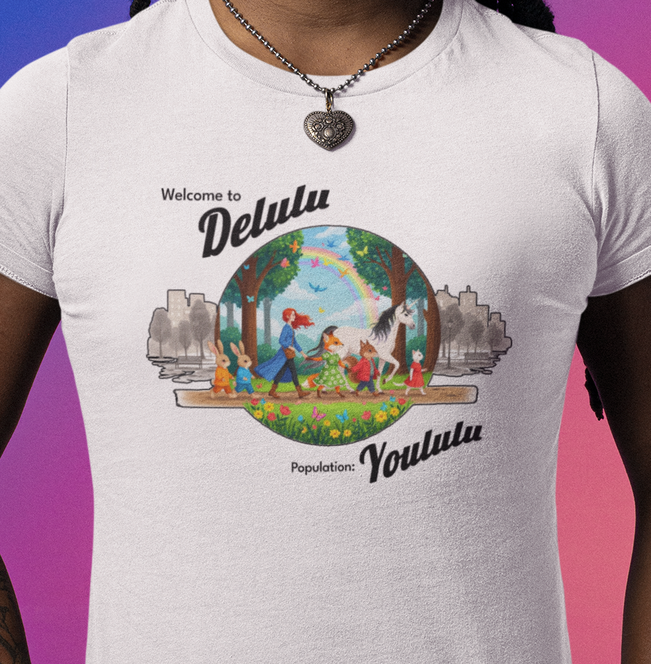 A white short-sleeve graphic T-shirt worn by a model, featuring a colorful circular illustration of people dancing in a forest with a rainbow and the text 'Welcome to Delulu' and 'Population: Yoululu'.