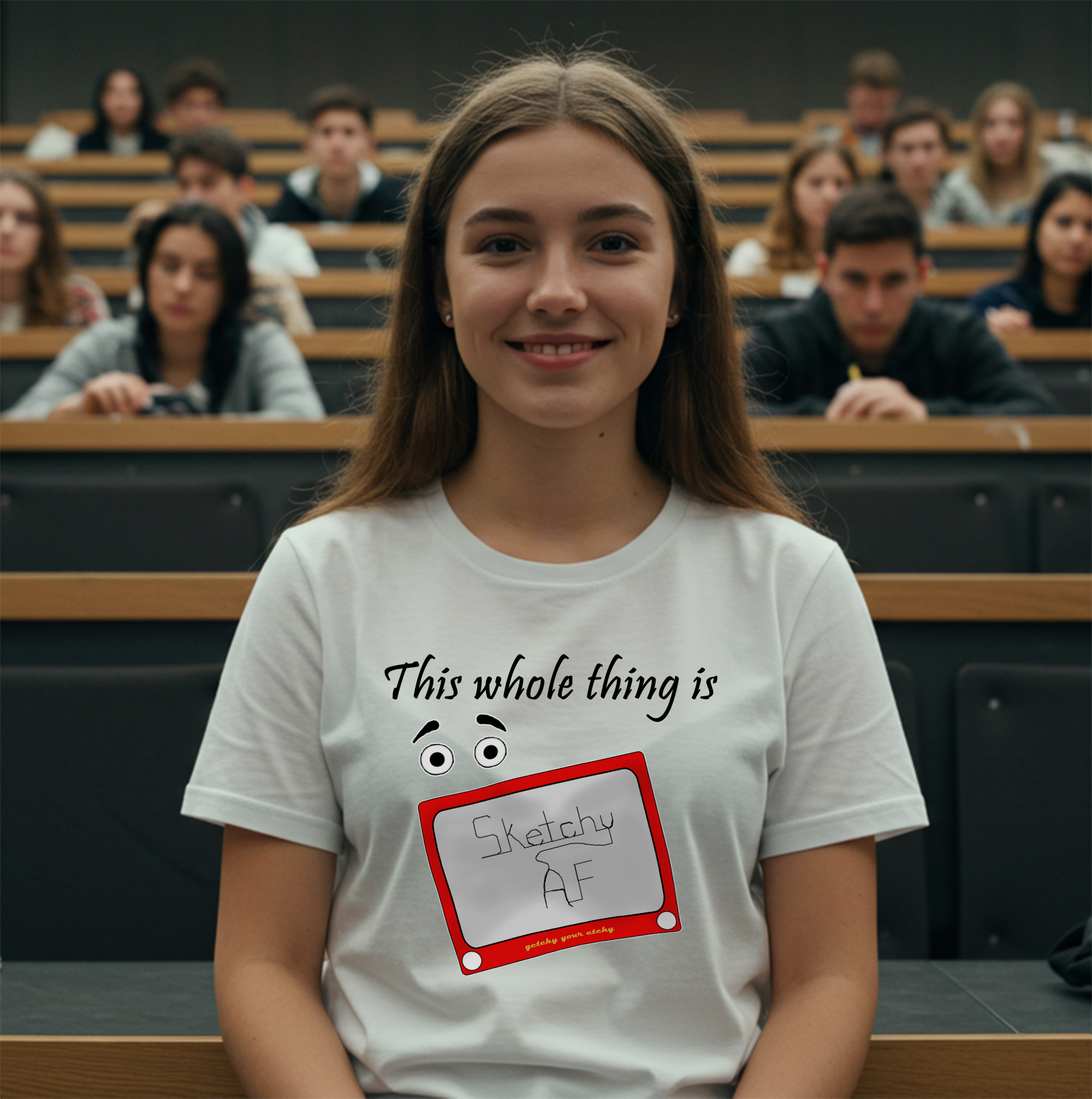 A smiling young woman in a lecture hall wearing a white graphic t-shirt. The shirt features the text 'This whole thing is' above a cartoon face and a red-bordered sign that reads 'Sketchy AF'.