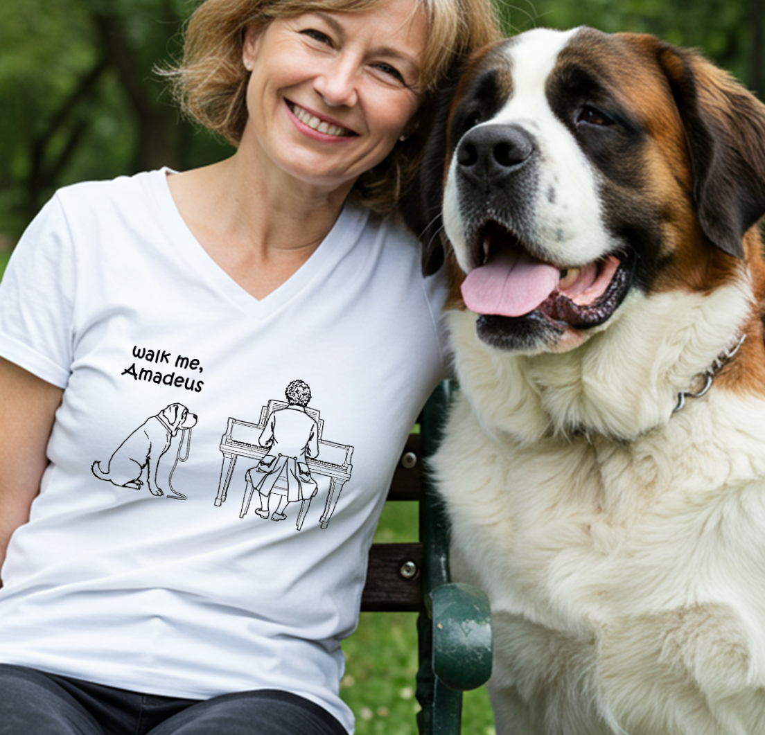 Walk Me, Amadeus - St. Bernard Dog T-Shirt | Cotton V-Neck