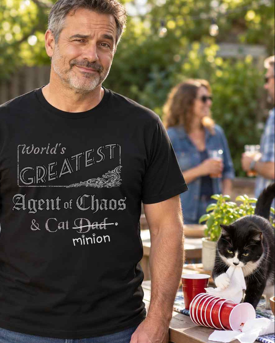 Man beside a backyard barbecue table and a cat, wearing a black crew-neck t-shirt that reads, “World’s Greatest Agent of Chaos & Cat Dad” with “Dad” crossed out and “minion” handwritten below with paw prints.