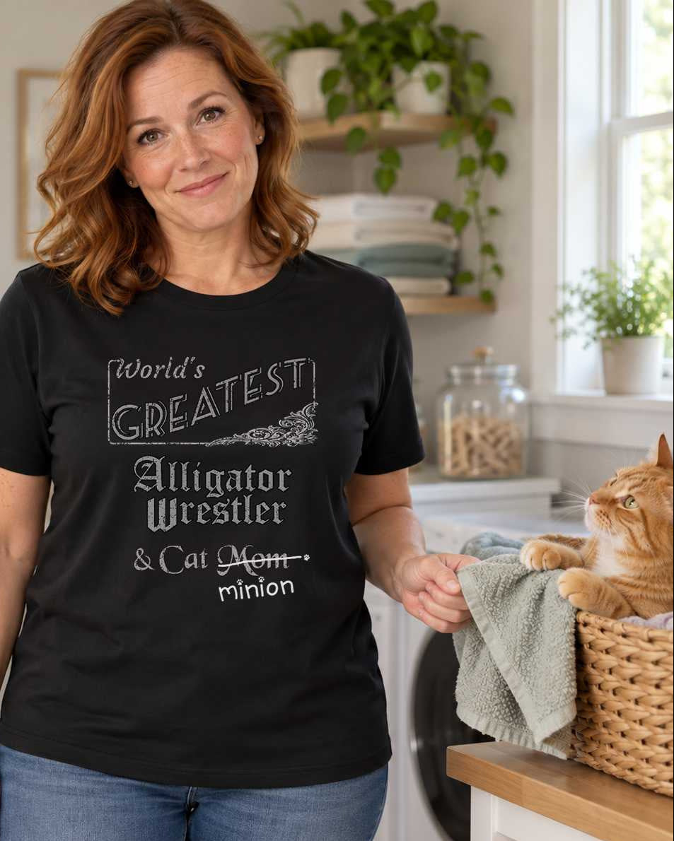 Woman holding a towel beside a ginger cat in a basket, wearing a black crew-neck t-shirt that reads, “World’s Greatest Alligator Wrestler & Cat Mom” with “Mom” crossed out and “minion” handwritten below with paw prints.