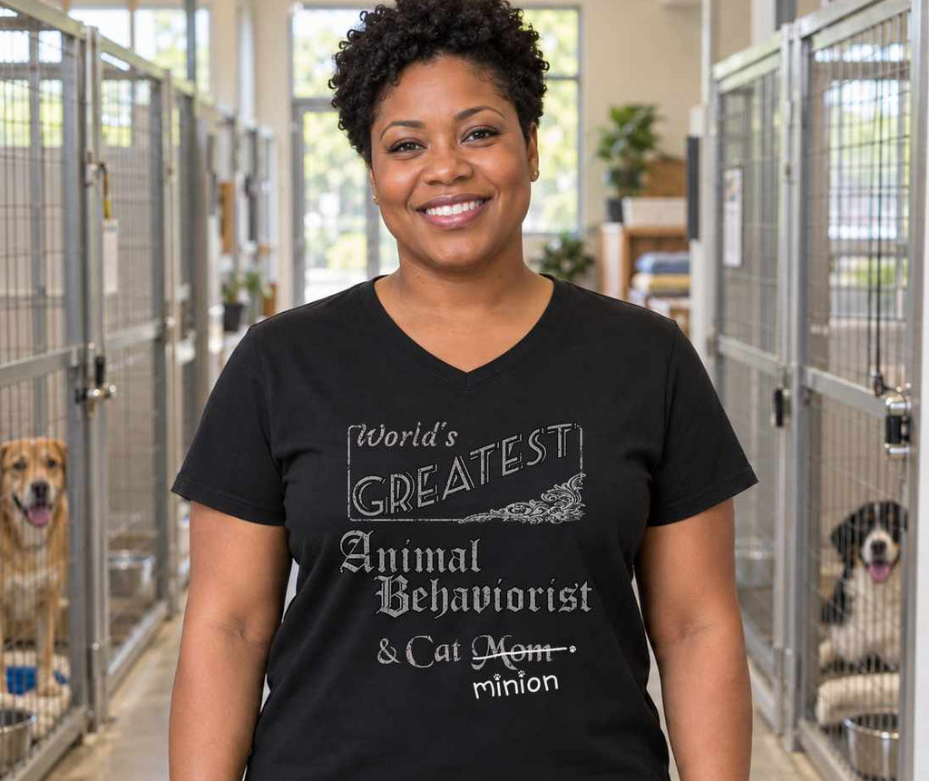 Woman standing indoors with a relaxed smile, wearing a black V-neck T-shirt reading “World’s Greatest Animal Behaviorist & Cat Mom.” “Mom” is crossed out, with “minion” handwritten beneath it and surrounded by cat paw prints.