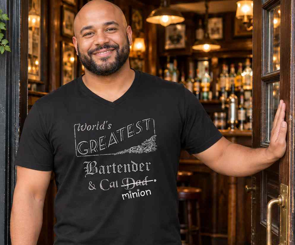 Man welcoming customers at a pub, wearing a black V-neck T-shirt reading “World’s Greatest Bartender & Cat Dad.” “Dad” is crossed out, with “minion” handwritten beneath it and surrounded by cat paw prints.