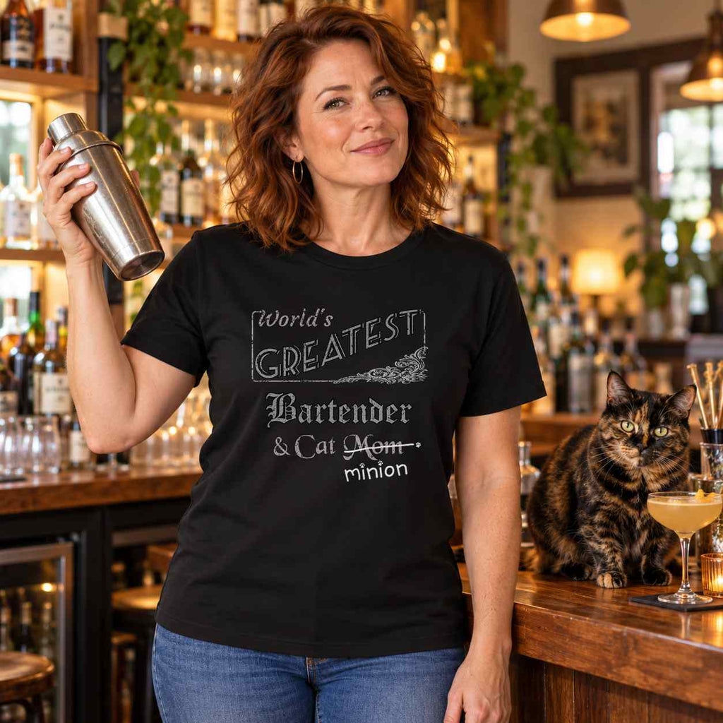 Woman holding a cocktail shaker at a bar beside a cat, wearing a black crew-neck t-shirt that reads, “World’s Greatest Bartender & Cat Mom” with “Mom” crossed out and “minion” handwritten below with paw prints.