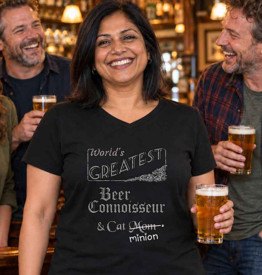 Woman holding a pint of beer among friends in a pub, wearing a black V-neck T-shirt reading “World’s Greatest Beer Connoisseur & Cat Mom.” “Mom” is crossed out, with “minion” handwritten beneath it and surrounded by cat paw prints.