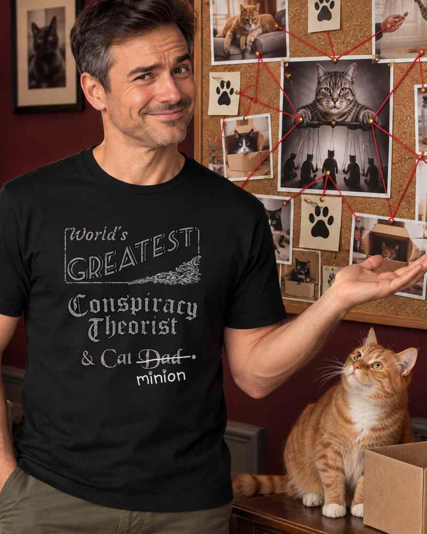 Man gesturing toward a wall of photographs beside a cat, wearing a black crew-neck t-shirt that reads, “World’s Greatest Conspiracy Theorist & Cat Dad” with “Dad” crossed out and “minion” handwritten below with paw prints.