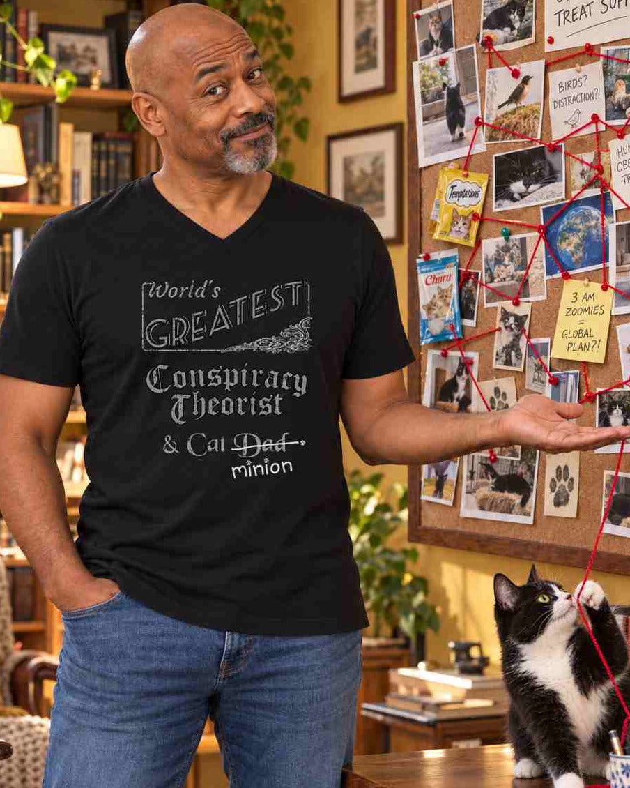 Man presenting a board of cat photographs connected by red yarn while a tuxedo cat plays with the yarn, wearing a black V-neck T-shirt reading “World’s Greatest Conspiracy Theorist & Cat Dad.” “Dad” is crossed out, with “minion” handwritten beneath it and surrounded by cat paw prints.
