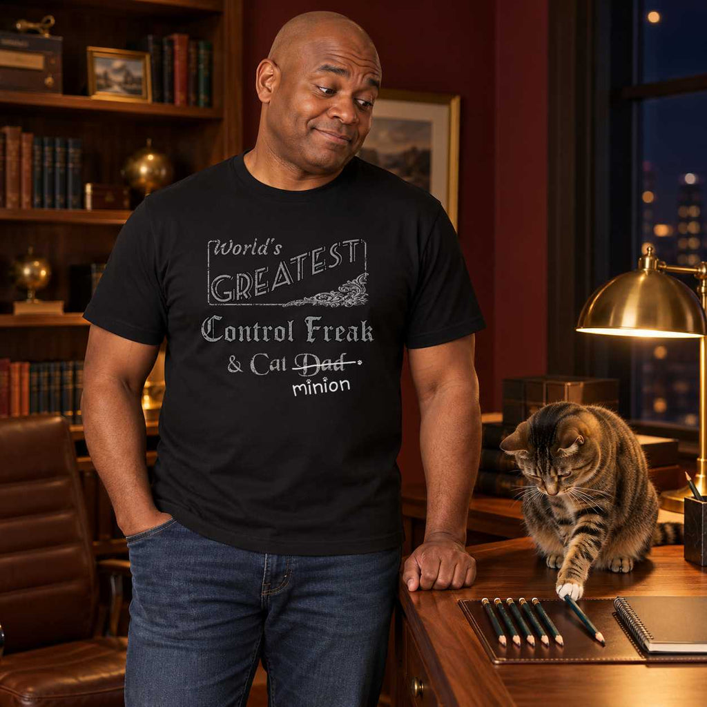 Man watching a cat push a pencil out of an aligned row beside a desk, wearing a black crew-neck t-shirt that reads, “World’s Greatest Control Freak & Cat Dad” with “Dad” crossed out and “minion” handwritten below with paw prints.