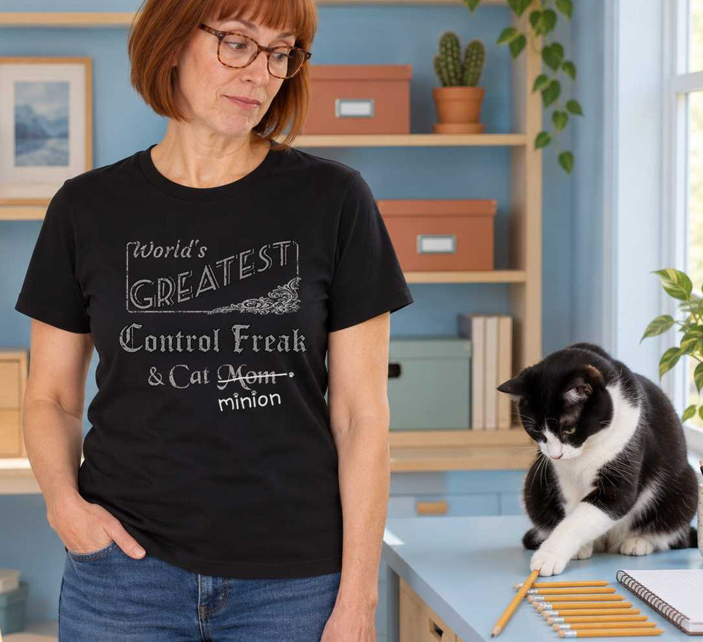 Woman watching a cat push a pencil out of an aligned row beside a desk, wearing a black crew-neck t-shirt that reads, “World’s Greatest Control Freak & Cat Mom” with “Mom” crossed out and “minion” handwritten below with paw prints.