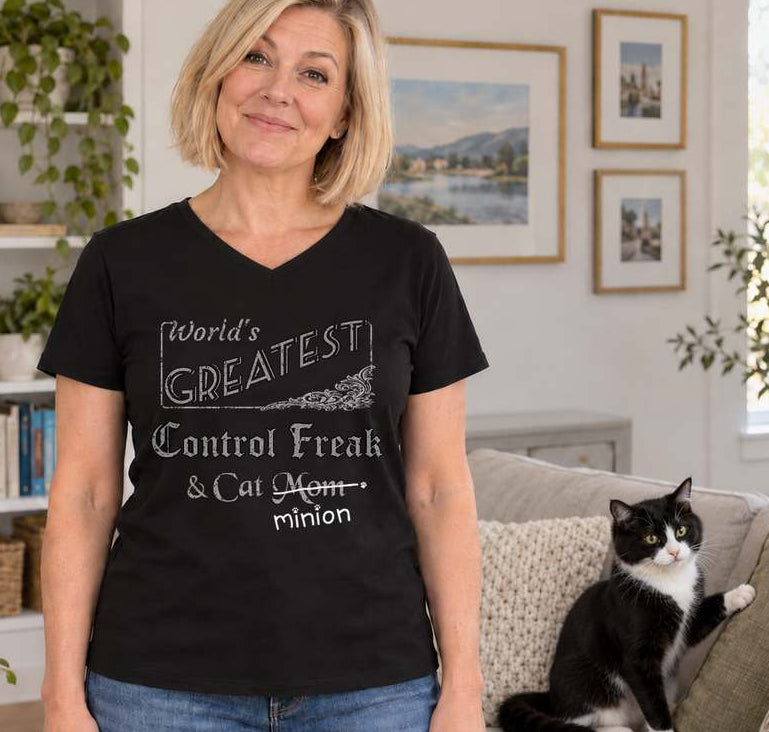 Woman stands in her perfectly organized living room while her cat on the couch knocks over a cushion. The woman is wearing a black V-neck T-shirt that reads “World’s Greatest Control Freak & Cat Mom.” “Mom” is crossed out, with “minion” handwritten beneath it, surrounded by cat paw prints.