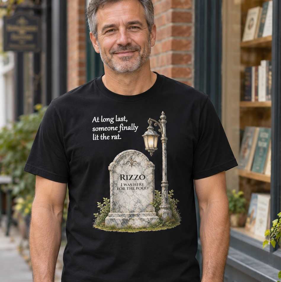 A man wearing a black graphic t-shirt with a humorous graphic print: "At long last, someone finally lit the rat." The print features a tombstone reading 'RIZZO - I WAS HERE FOR THE FOOD' next to a vintage street lamp.