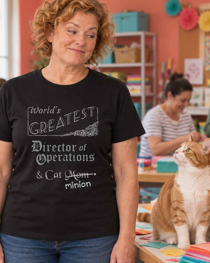 Woman in a craft room with cat on supplies, wearing a black crew-neck t-shirt that reads, “World’s Greatest Director of Operations & Cat Mom” with “Mom” crossed out and “minion” handwritten below with paw prints.