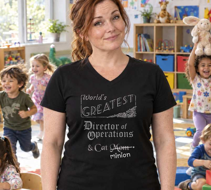 Woman standing in a busy daycare classroom, wearing a black V-neck T-shirt reading “World’s Greatest Director of Operations & Cat Mom.” “Mom” is crossed out, with “minion” handwritten beneath it and surrounded by cat paw prints.