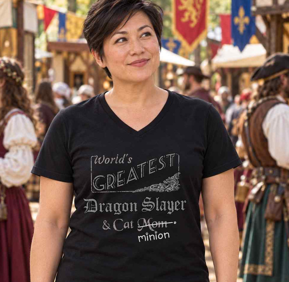 Woman standing among children at a party, wearing a black V-neck T-shirt reading “World’s Greatest Dragon Slayer & Cat Mom.” “Mom” is crossed out, with “minion” handwritten beneath it and surrounded by cat paw prints.