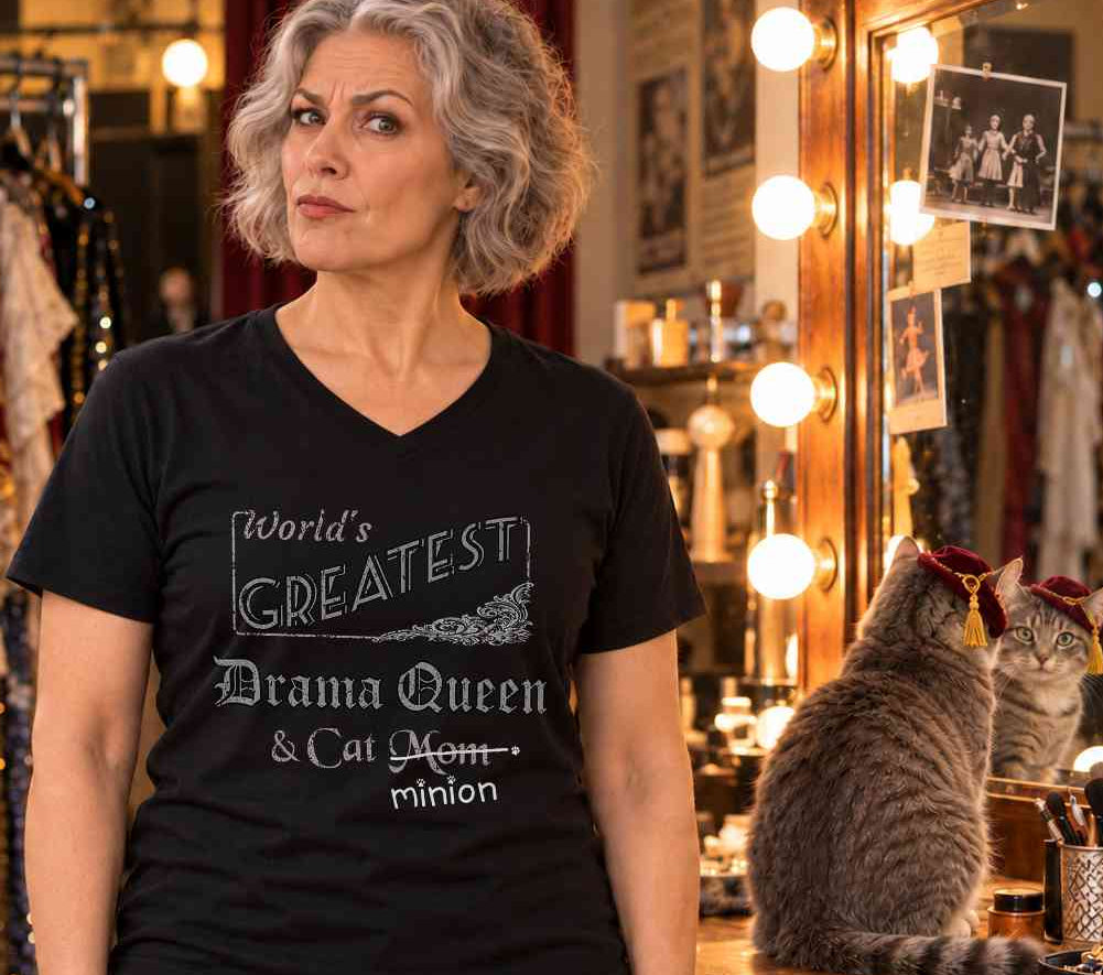 Woman standing beside a cat in a pub, wearing a black V-neck T-shirt reading “World’s Greatest Drama Queen & Cat Mom.” “Mom” is crossed out, with “minion” handwritten beneath it and surrounded by cat paw prints.