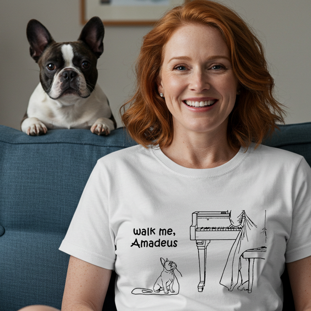 A smiling woman with red hair sits on a blue couch wearing a white graphic T-shirt with the text 'walk me, Amadeus' and a black line drawing of a piano and dog. A black-and-white French bulldog rests on the couch behind her.