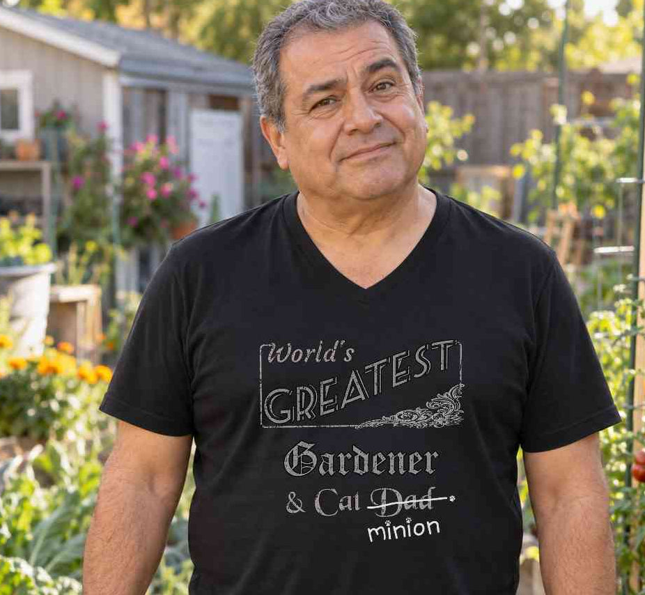 Man standing among plants in a garden, wearing a black V-neck T-shirt reading “World’s Greatest Gardener & Cat Dad.” “Dad” is crossed out, with “minion” handwritten beneath it and surrounded by cat paw prints.