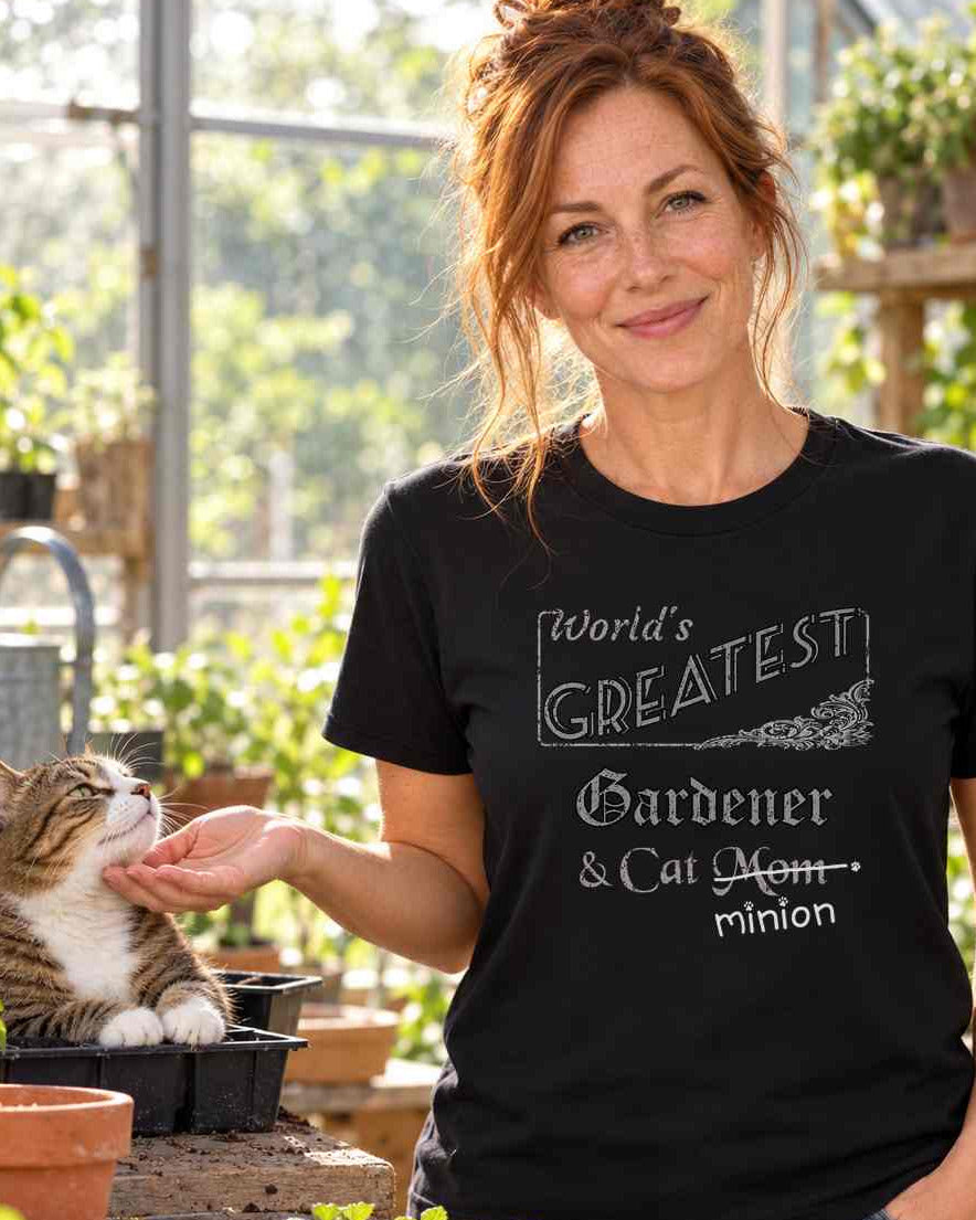 Woman petting a cat in a seed tray at a greenhouse potting bench, wearing a black crew-neck t-shirt that reads, “World’s Greatest Gardener & Cat Mom” with “Mom” crossed out and “minion” handwritten below with paw prints.