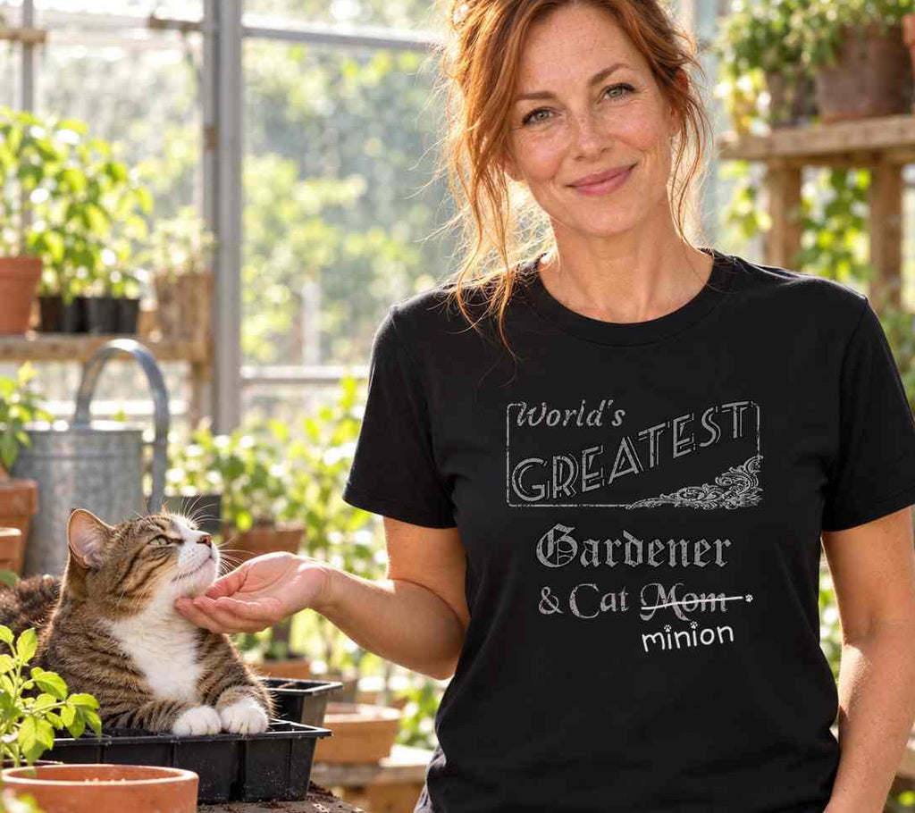 Woman petting a cat in a seed tray at a greenhouse potting bench, wearing a black crew-neck t-shirt that reads, “World’s Greatest Gardener & Cat Mom” with “Mom” crossed out and “minion” handwritten below with paw prints.
