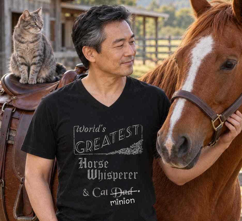 Man standing beside a horse, wearing a black V-neck T-shirt reading “World’s Greatest Horse Whisperer & Cat Dad.” “Dad” is crossed out, with “minion” handwritten beneath it and surrounded by cat paw prints.
