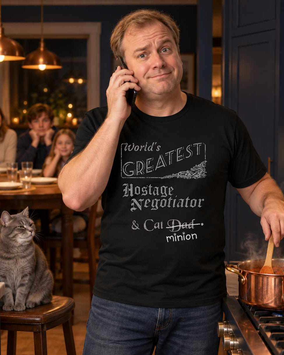 Man talking on the phone while stirring a pot, with family waiting at a table and a cat watching nearby, wearing a black crew-neck t-shirt that reads, “World’s Greatest Hostage Negotiator & Cat Dad” with “Dad” crossed out and “minion” handwritten below with paw prints.