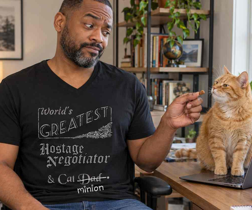 Man offering a treat to a cat at home, wearing a black V-neck T-shirt reading “World’s Greatest Hostage Negotiator & Cat Dad.” “Dad” is crossed out, with “minion” handwritten beneath it and surrounded by cat paw prints.