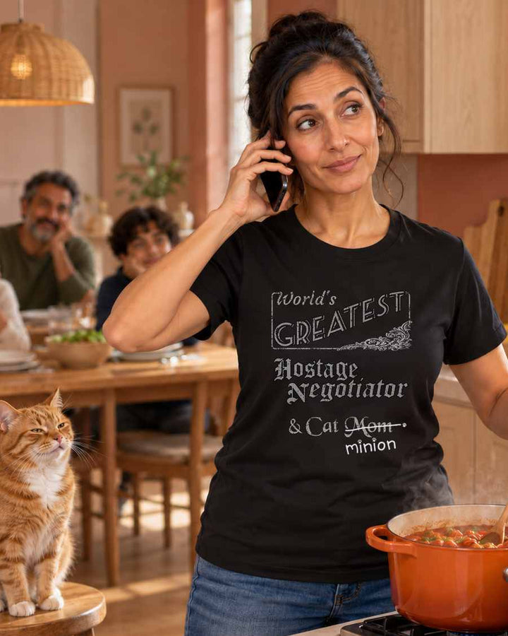 Woman talking on the phone while stirring a pot, with family waiting at a table and a cat watching nearby, wearing a black crew-neck t-shirt that reads, “World’s Greatest Hostage Negotiator & Cat Mom” with “Mom” crossed out and “minion” handwritten below with paw prints.