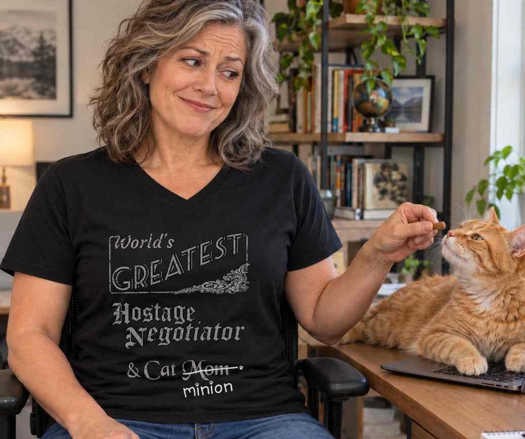 Woman offering a treat to a cat at home, wearing a black V-neck T-shirt reading “World’s Greatest Hostage Negotiator & Cat Mom.” “Mom” is crossed out, with “minion” handwritten beneath it and surrounded by cat paw prints.
