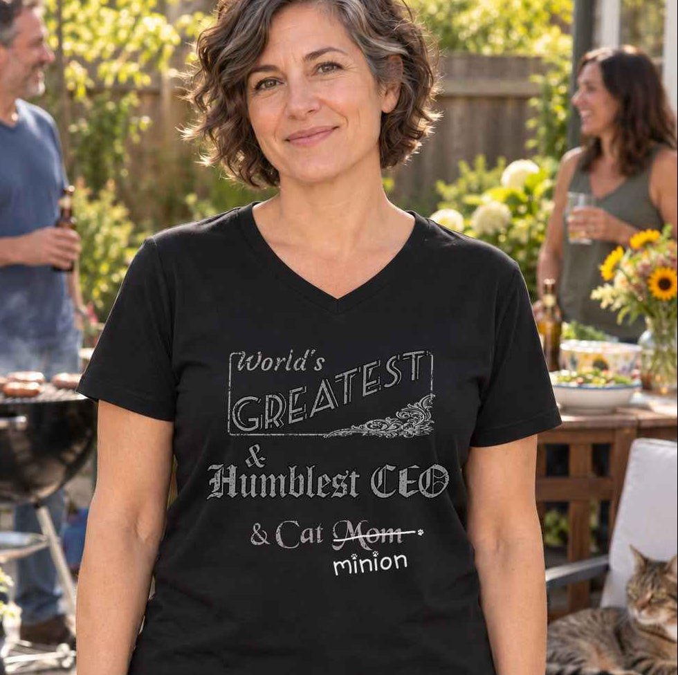 Woman standing with people behind her outdoors, wearing a black V-neck T-shirt reading “World’s Greatest & Humblest CEO & Cat Mom.” “Mom” is crossed out, with “minion” handwritten beneath it and surrounded by cat paw prints.