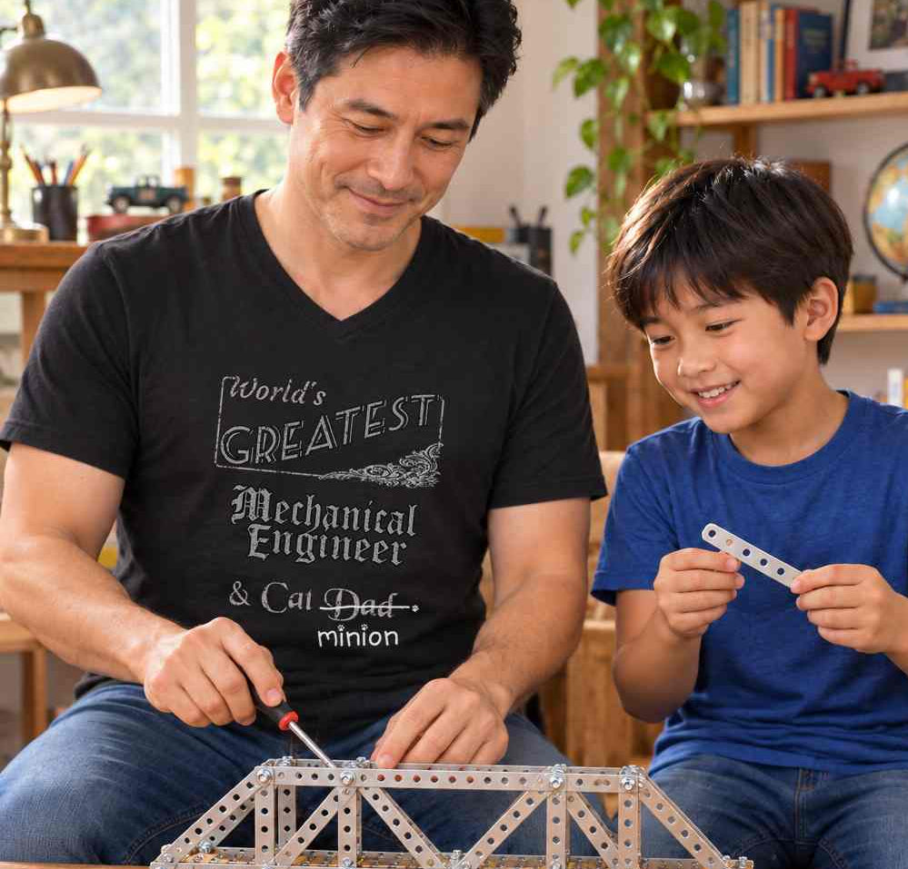 Man building a metal construction-set bridge with his young son, wearing a black V-neck T-shirt reading “World’s Greatest Mechanical Engineer & Cat Dad.” “Dad” is crossed out, with “minion” handwritten beneath it and surrounded by cat paw prints.