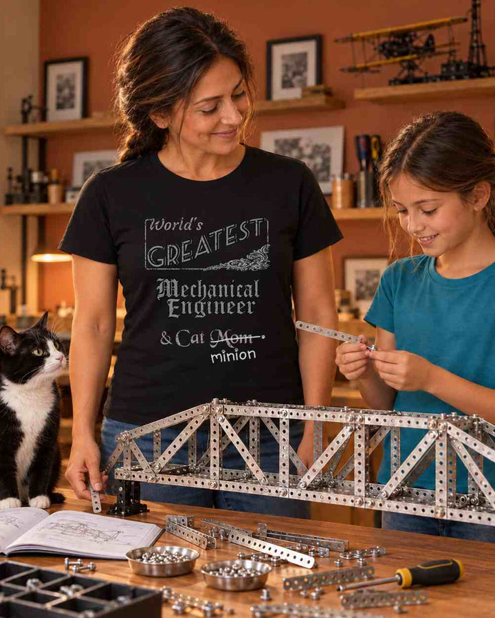 Woman building a metal model bridge with a girl while a tuxedo cat supervises in a warmly lit maker room, wearing a black crew-neck t-shirt that reads, “World’s Greatest Mechanical Engineer & Cat Mom” with “Mom” crossed out and “minion” handwritten below with paw prints.