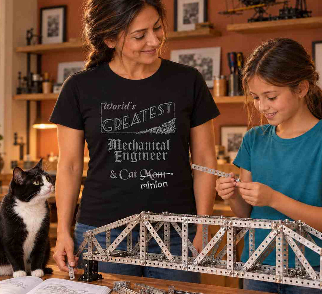 Woman building a metal model bridge with a girl while a tuxedo cat supervises in a warmly lit maker room, wearing a black crew-neck t-shirt that reads, “World’s Greatest Mechanical Engineer & Cat Mom” with “Mom” crossed out and “minion” handwritten below with paw prints.