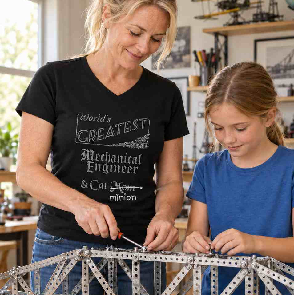 Woman building a metal construction-set bridge with her daughter, wearing a black V-neck T-shirt reading “World’s Greatest Mechanical Engineer & Cat Mom.” “Mom” is crossed out, with “minion” handwritten beneath it and surrounded by cat paw prints.