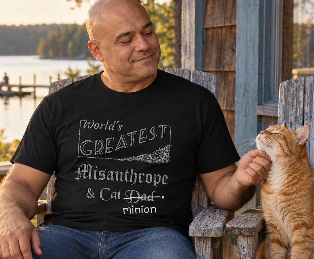 Man scratching a ginger cat’s chin on a quiet lakeside cabin porch, wearing a black crew-neck t-shirt that reads, “World’s Greatest Misanthrope & Cat Dad” with “Dad” crossed out and “minion” handwritten below with paw prints.